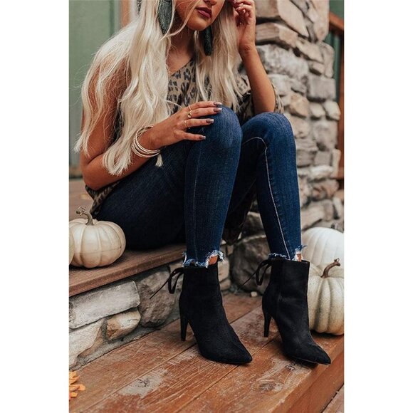 Women's Pointed Toe Heel Ankle Booties Kitten Stiletto Bowtie Strappy Boot Black - Picture 2 of 8